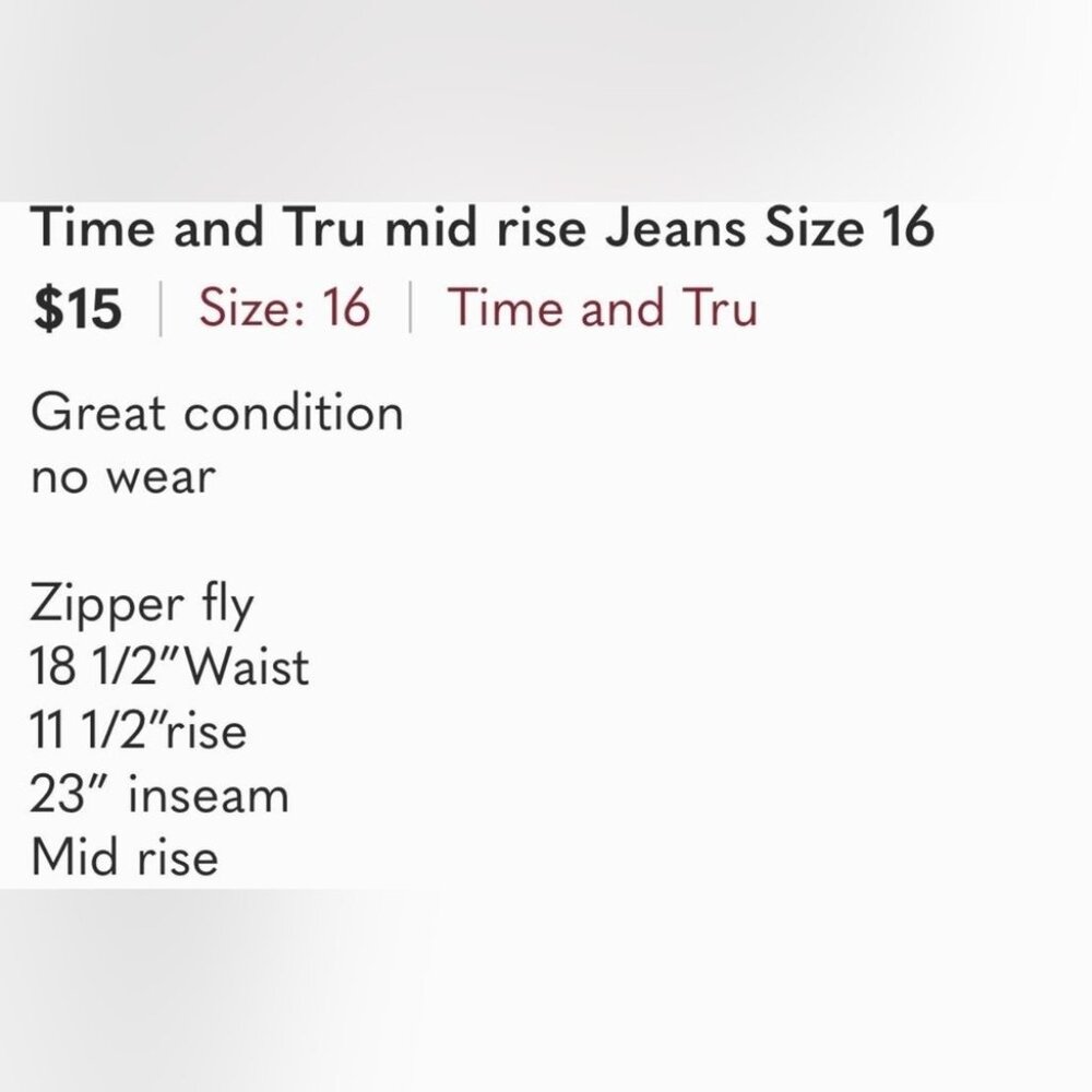 Time and Tru mid rise Jeans Size 16 - Picture 5 of 5